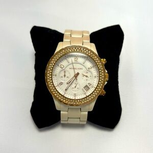 Michael Kors Women's White Watch with White Dial & Rose Gold Rhinestone Accents